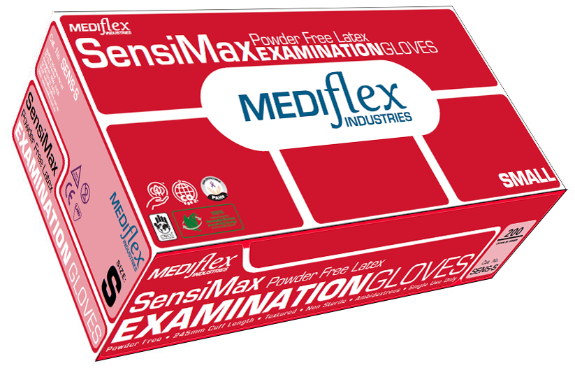 Box of Mediflex SensiMax Powder Free Latex Examination Gloves small on a white background